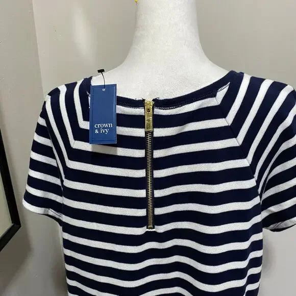 NEW Crown & Ivy Dress Size Large Navy White Stripe Short Sleeve Knit Knee Length - Picture 5 of 11